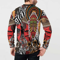 Long-sleeve African print button sweatshirt, back view, large tribal face and animal motifs