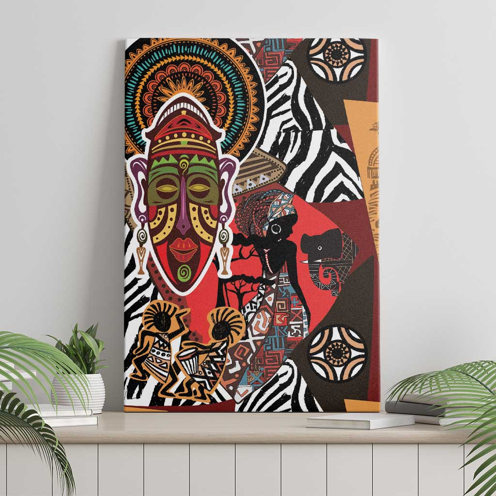 African women ethnic motif canvas wall art in frame, red and black faces with zebra stripes