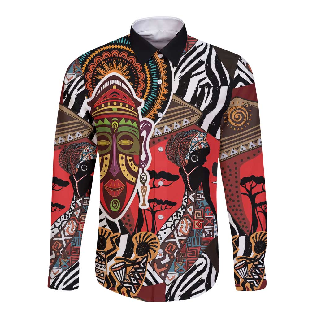 Long-sleeve button shirt with bold African face and animal print, red/black/white
