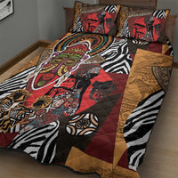 African tribal quilt bed set with red and tan patchwork, zebra stripes, and decorative mask motifs