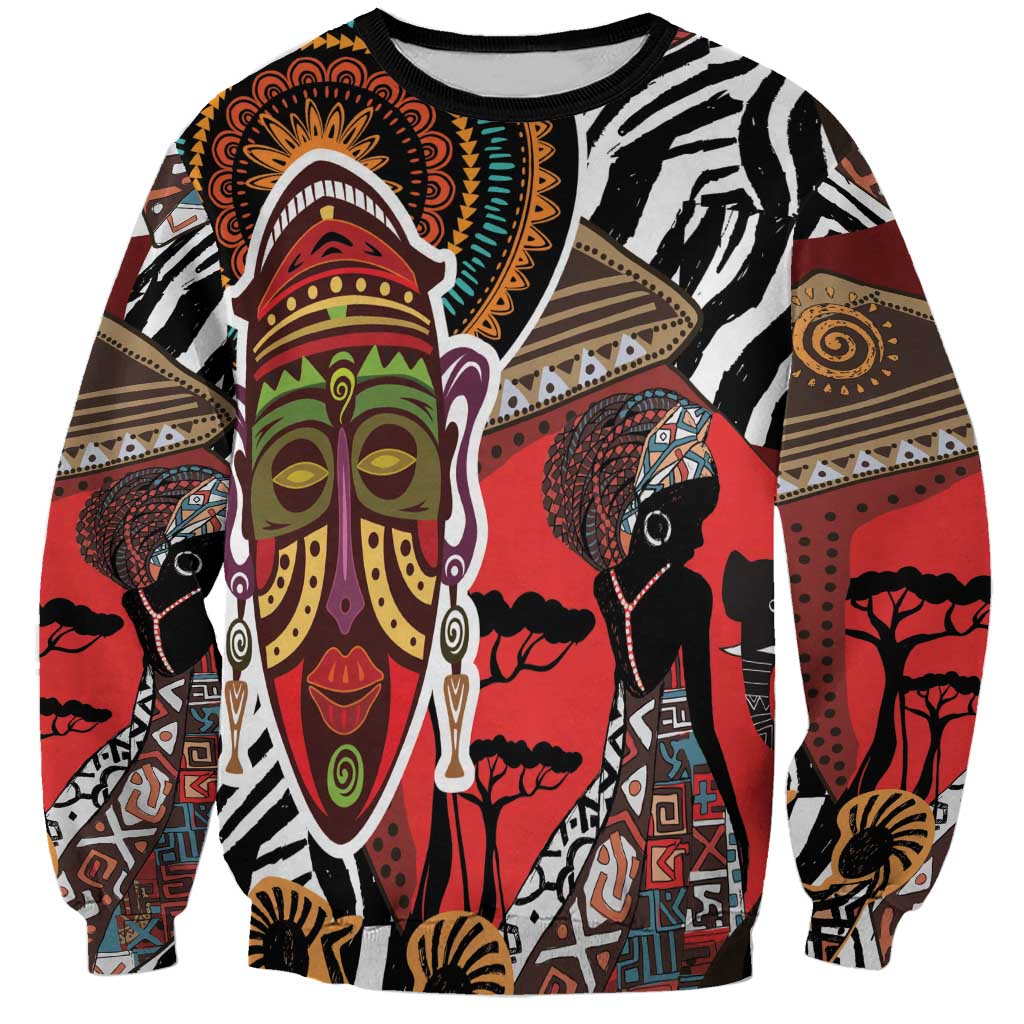 Unisex sweatshirt with zebra-and-mask face graphic, red black white, long sleeves