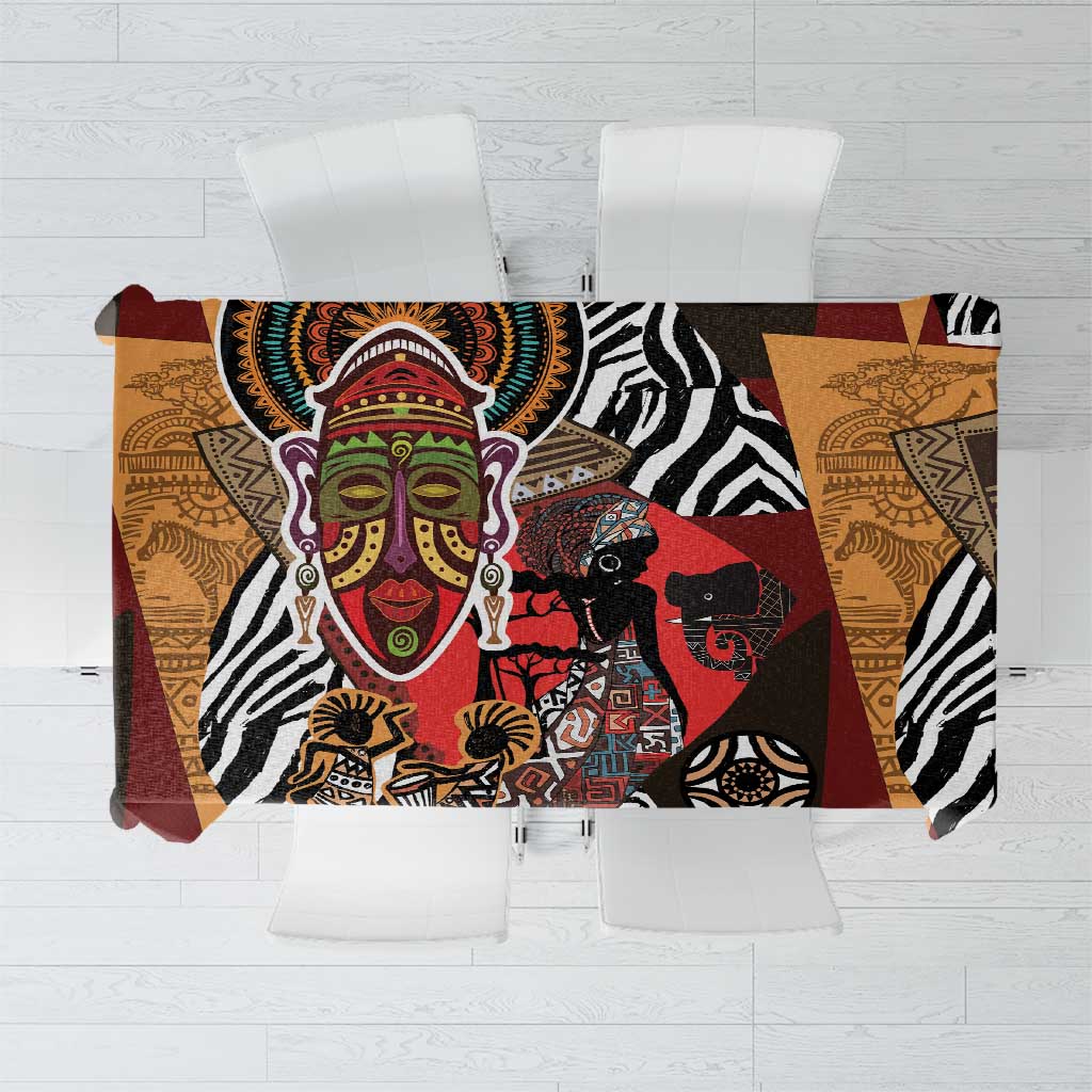 African-pattern tablecloth, multicolor with zebra stripes and face motif