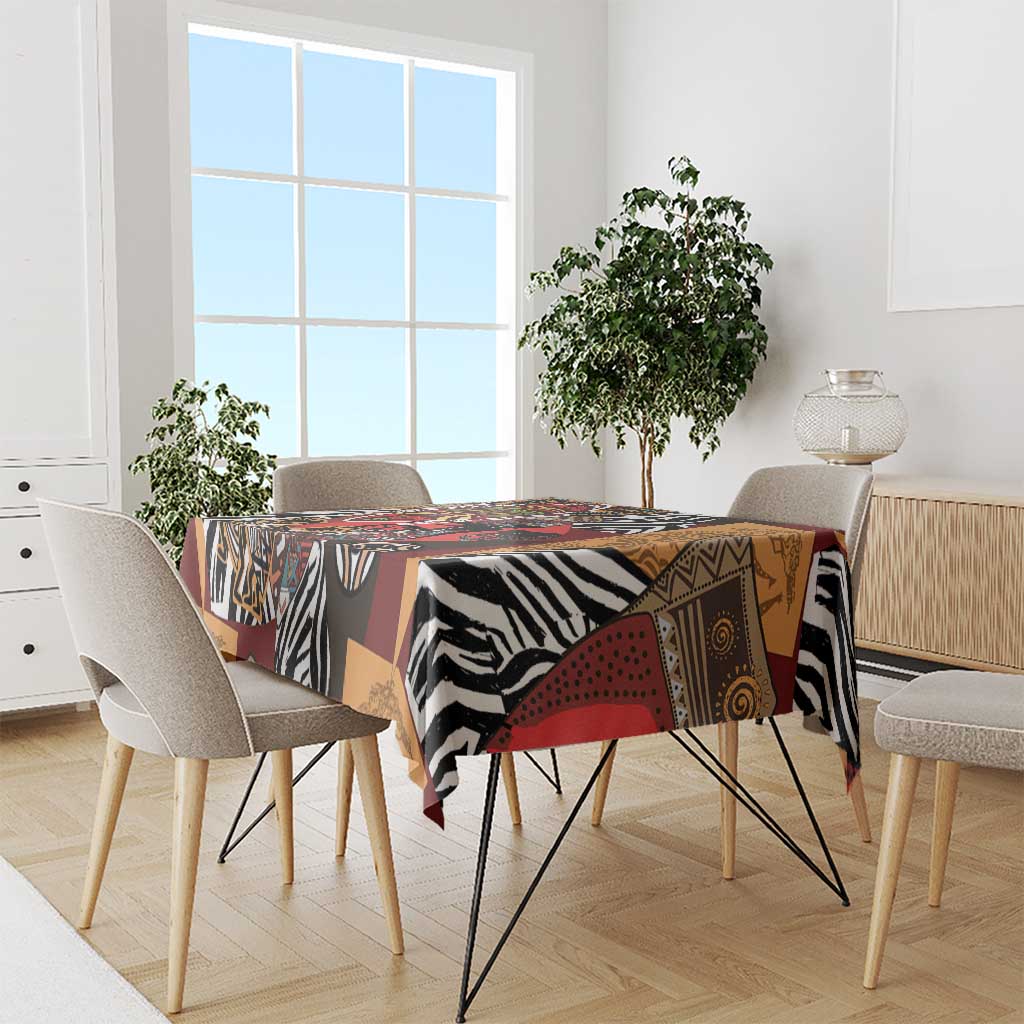 African-pattern tablecloth with zebra stripes and mask motifs in red, black, tan