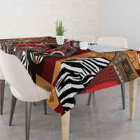 African-pattern tablecloth corner view, zebra and animal motifs on red-brown base