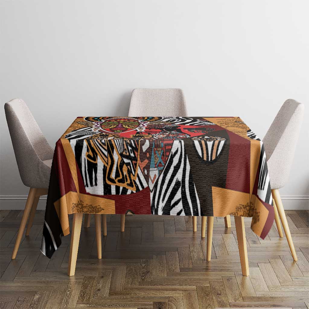 African-pattern tablecloth on dining table, multicolor zebra, mask, and geometric designs