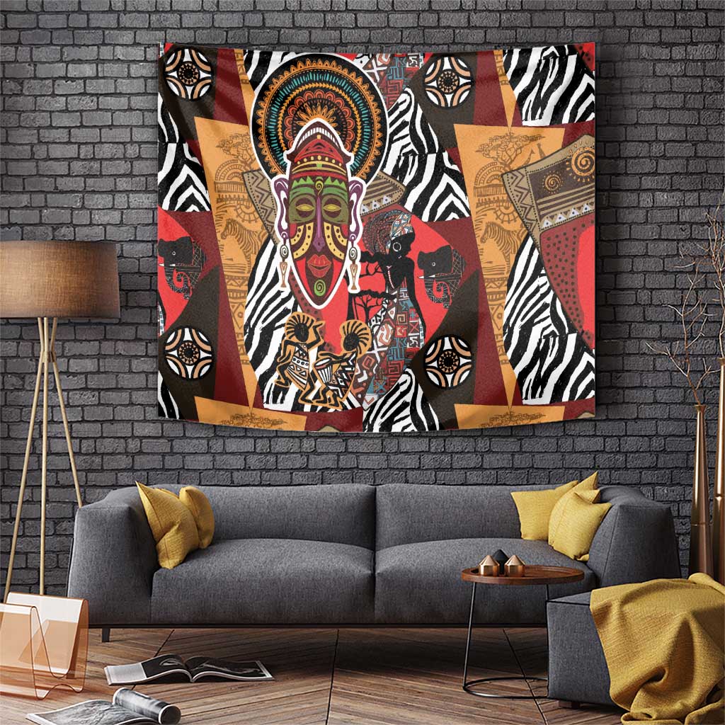Red, white, and black African tapestry with central ceremonial face and animal motifs