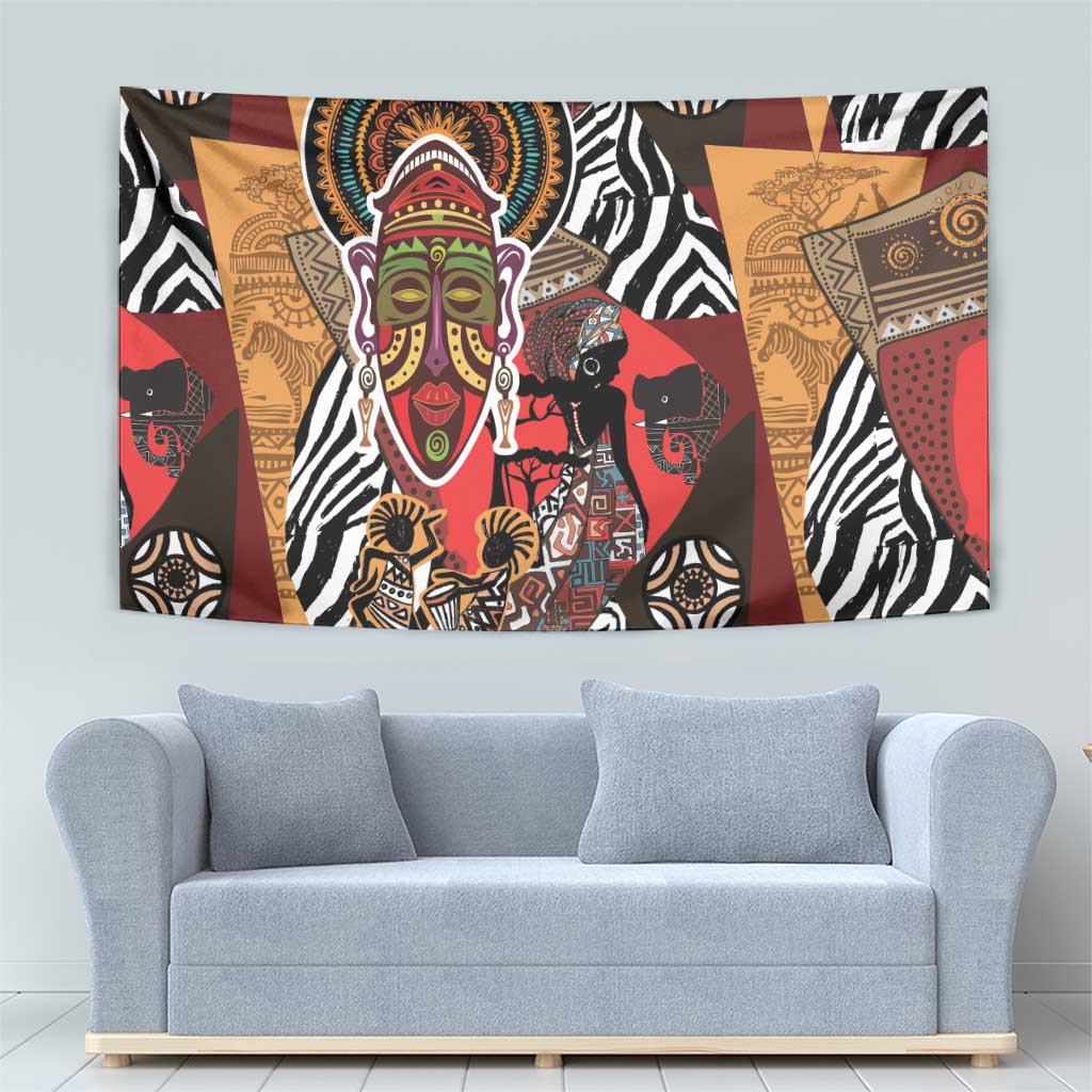 African tapestry with patterned animals, geometric blocks, and a central ceremonial mask