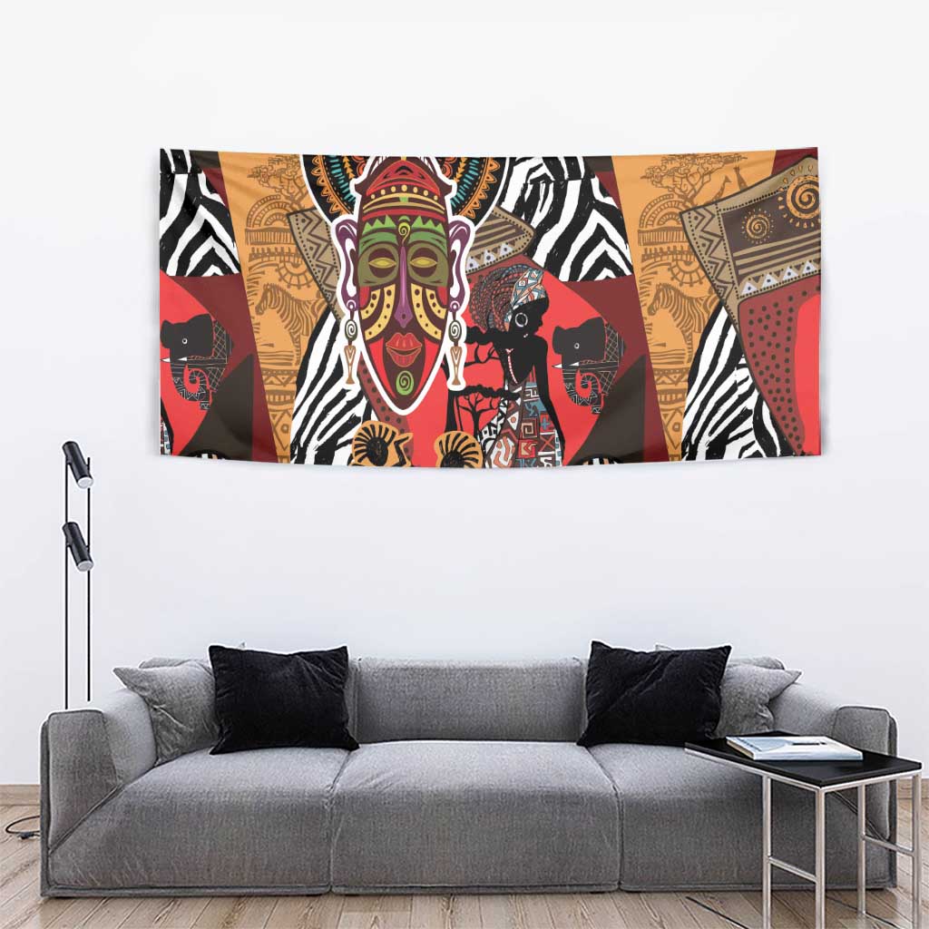 Red, tan, black, and white African tapestry with zebra stripes and a colorful mask face