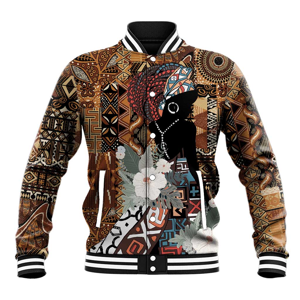 Tribal-print baseball jacket in black and brown, animal graphic with floral, ribbed hem