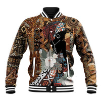 Tribal-print baseball jacket in black and brown, animal graphic with floral, ribbed hem