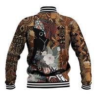 Back of tribal-print baseball jacket in black and brown, animal and flower graphic, striped collar