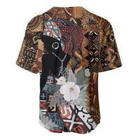 Baseball jersey with brown tribal pattern and black woman graphic, floral and geometric detail