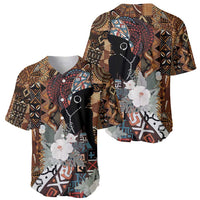 Baseball jersey with split-face graphic, brown tribal design, white flowers, short-sleeve collar