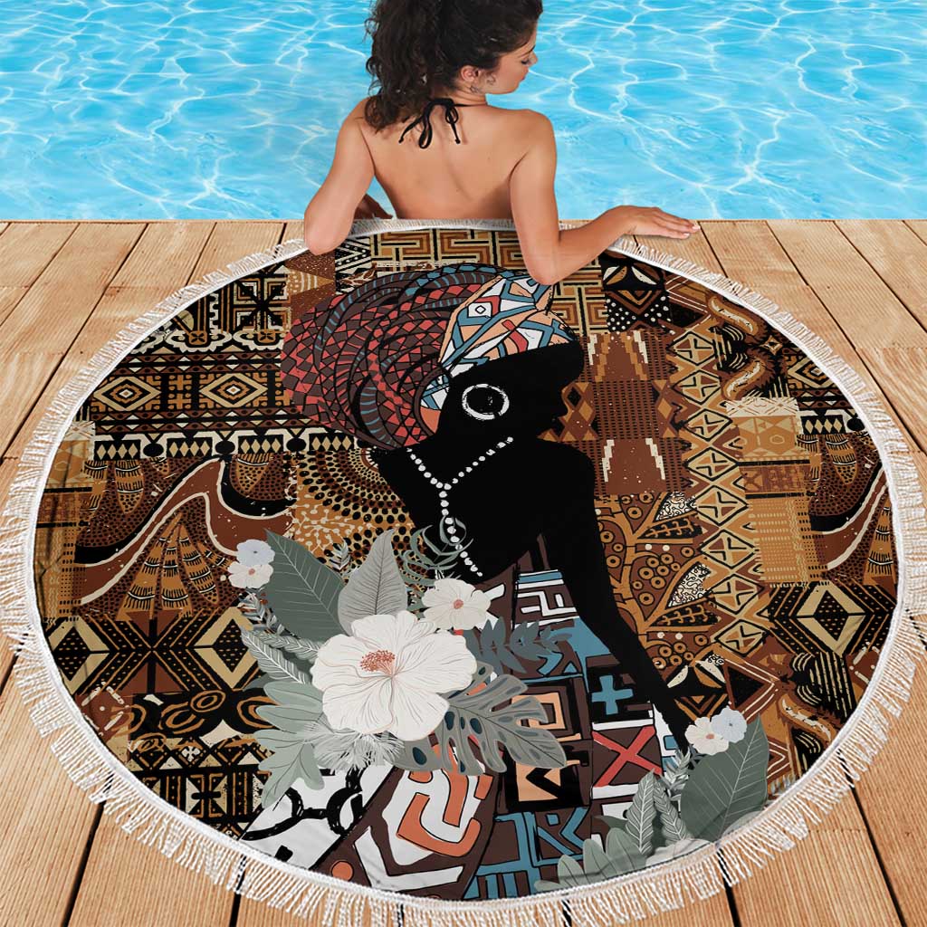 Round beach blanket with tassel fringe, tribal geometric print with black woman and flowers