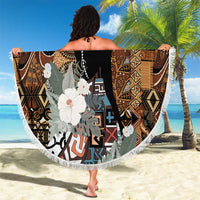 Round tribal beach blanket with fringe edge, black woman figure and large white flowers
