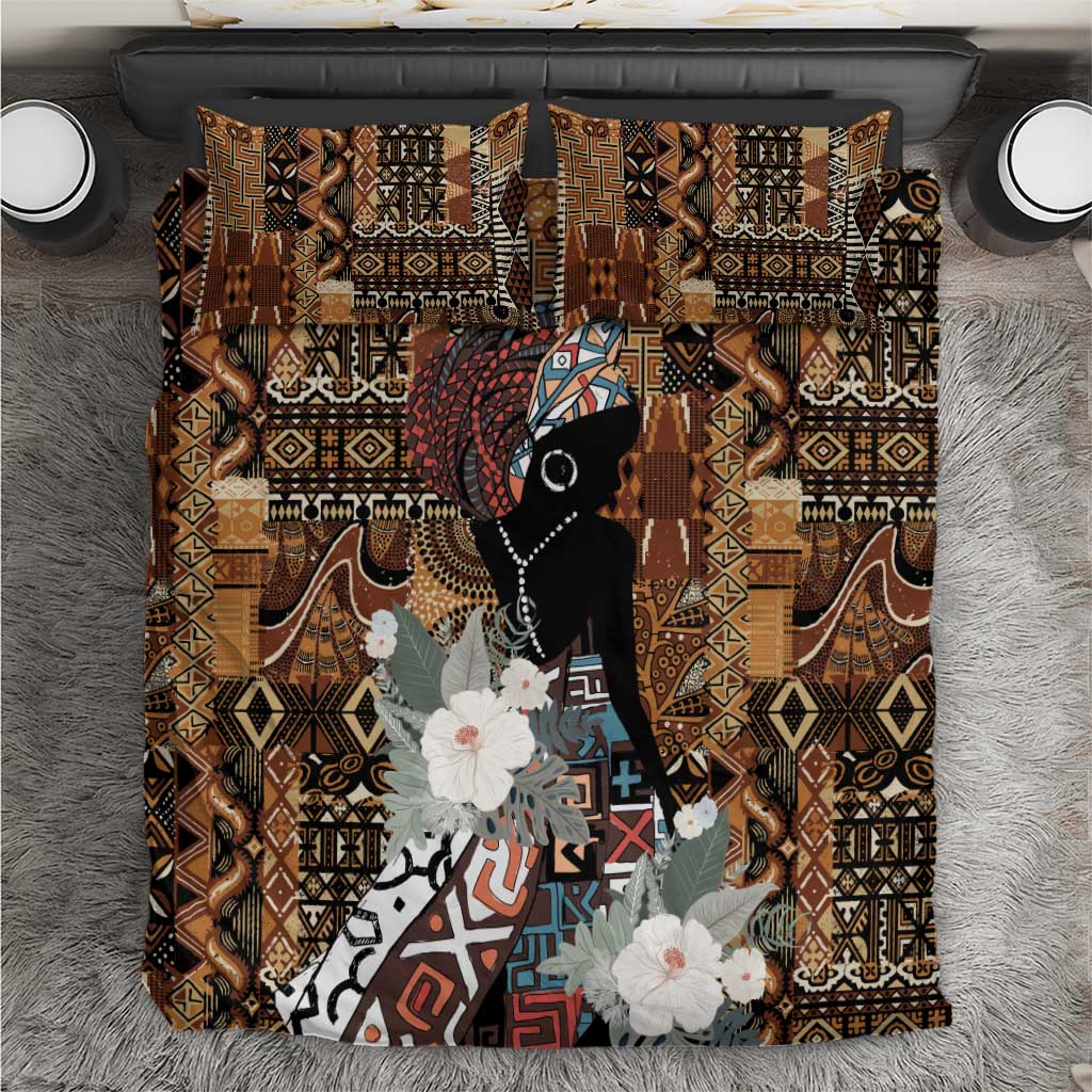 Bedding set with brown and black tribal pattern, portrait woman artwork, and floral accents