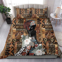 Bedding set featuring brown geometric tribal pattern, black woman portrait, and white flowers