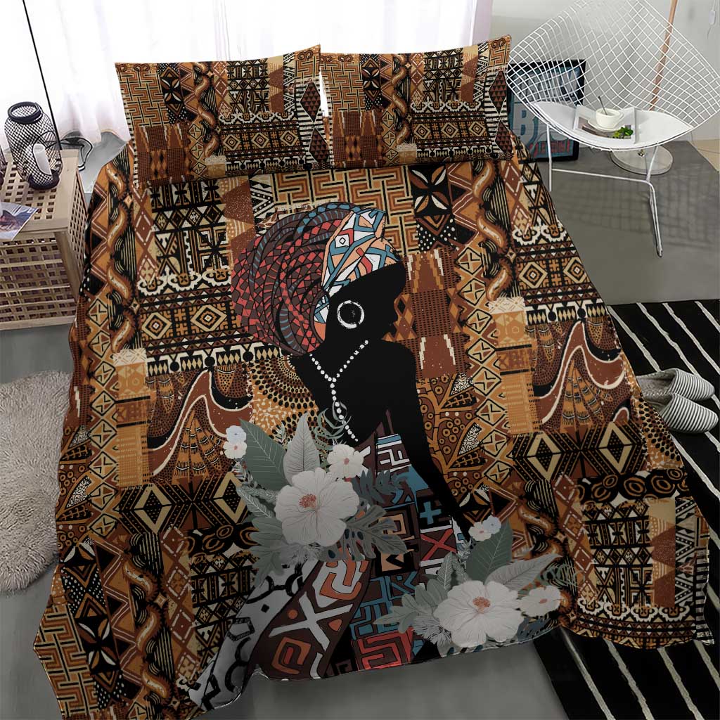 Bedding set with brown tribal motif, black woman portrait, and large white floral design