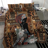 Bedding set with brown tribal motif, black woman portrait, and large white floral design