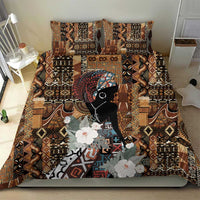 Bedding set with brown and black tribal artwork, woman portrait, and scattered white flowers