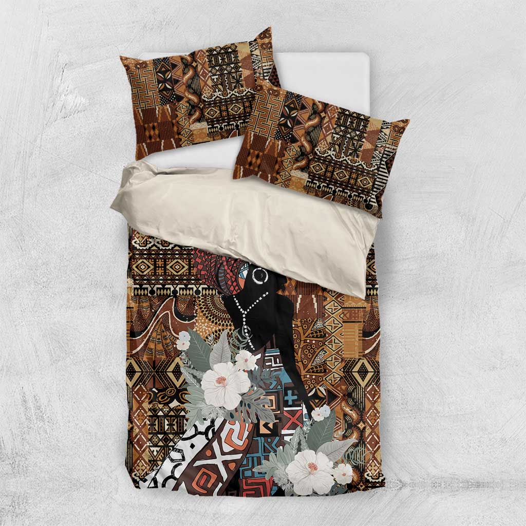 Bedding set with brown tribal pattern cover, woman portrait, and white flower decals