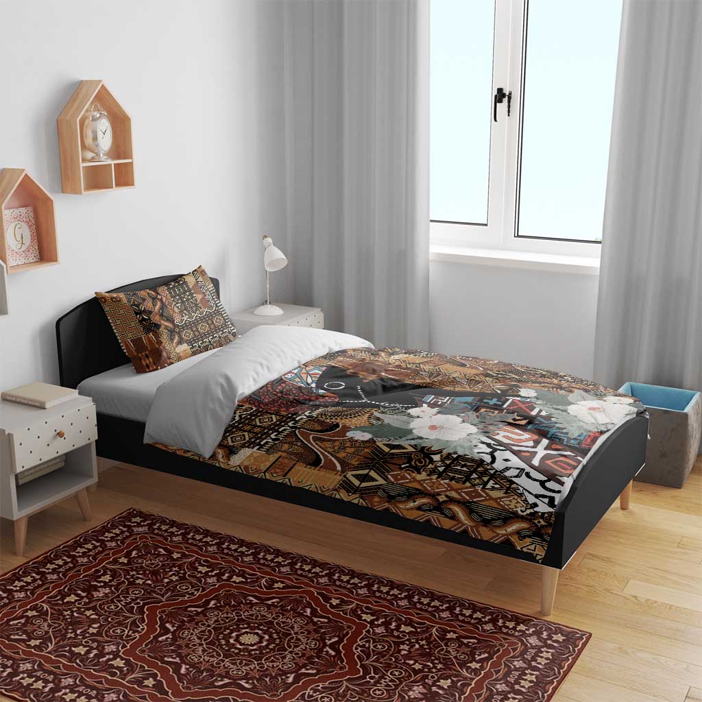 Bedding set on bed with brown tribal pattern, black woman portrait, and white floral details