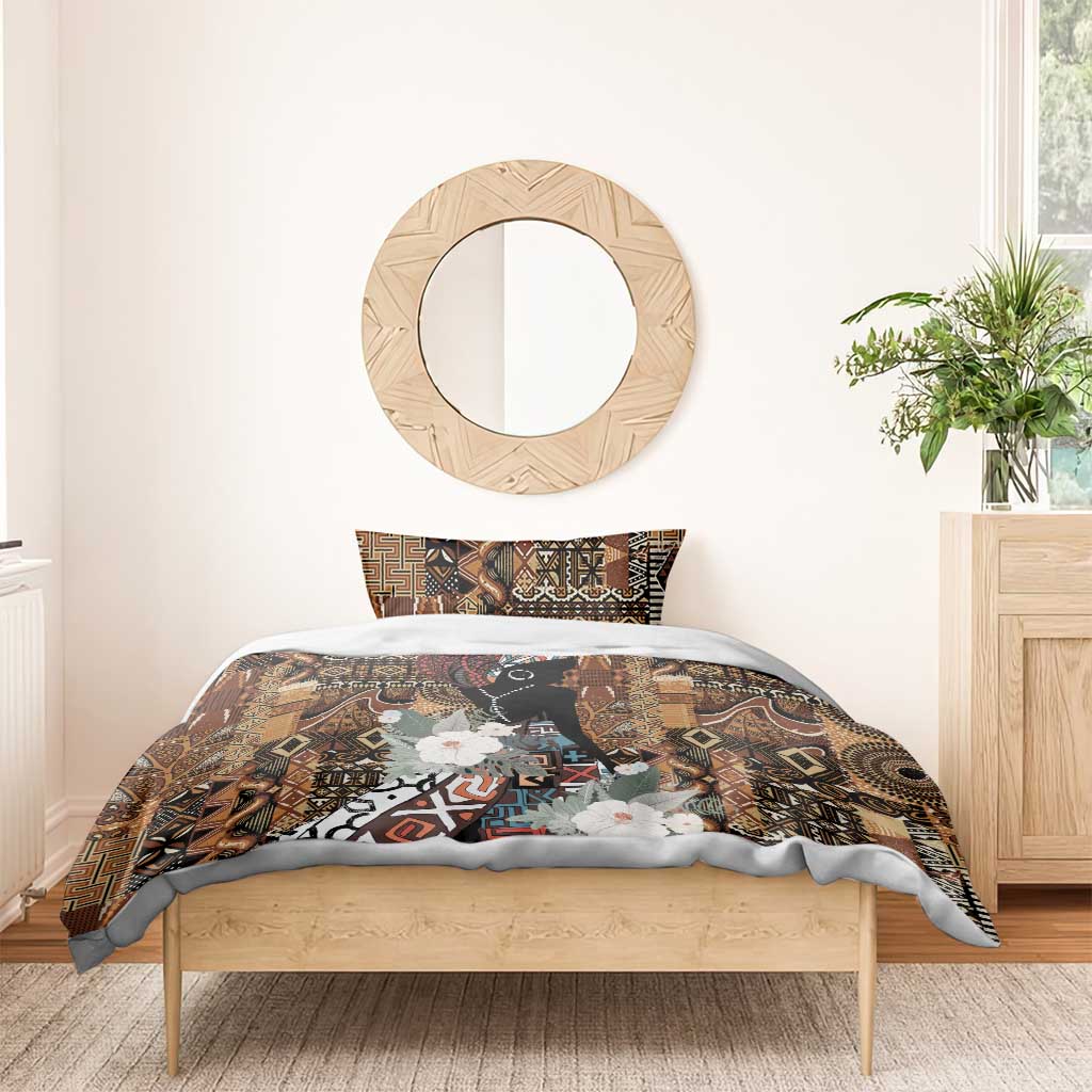 Bedding set with brown tribal pattern, black woman portrait, and white floral highlights
