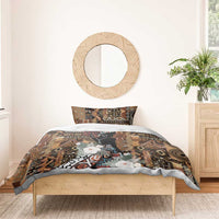 Bedding set with brown tribal pattern, black woman portrait, and white floral highlights