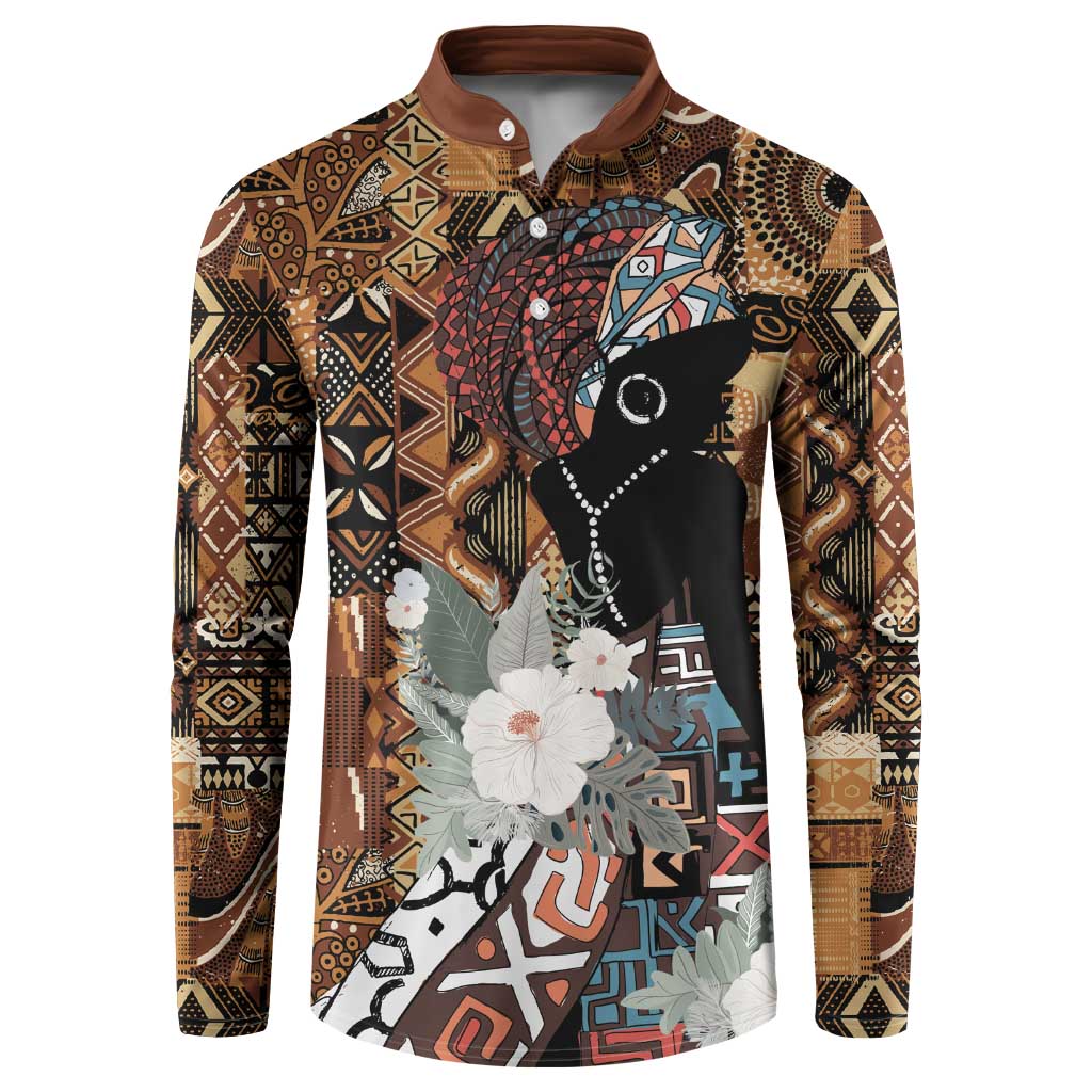 Brown button-front long-sleeve sweatshirt with tribal pattern and portrait graphic with flowers