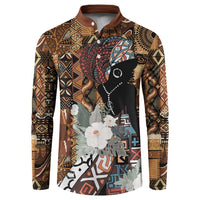 Brown button-front long-sleeve sweatshirt with tribal pattern and portrait graphic with flowers