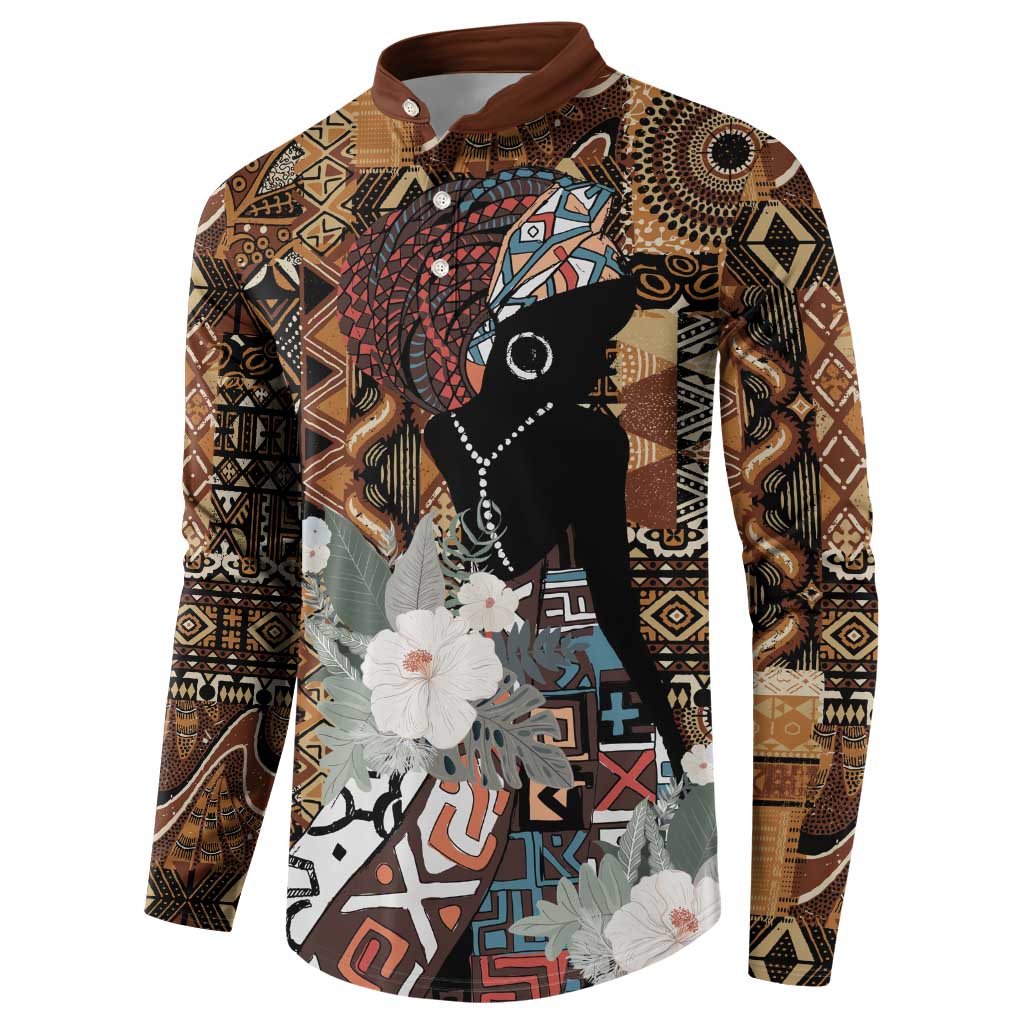 Brown button-front long-sleeve sweatshirt with tribal pattern and portrait graphic with flowers
