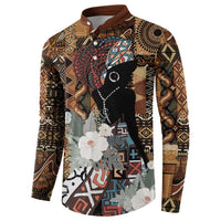 Brown button-front long-sleeve sweatshirt with tribal pattern and portrait graphic with flowers