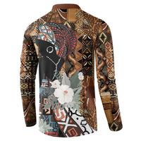 Brown long-sleeve sweatshirt with tribal pattern and portrait graphic with flowers, back view