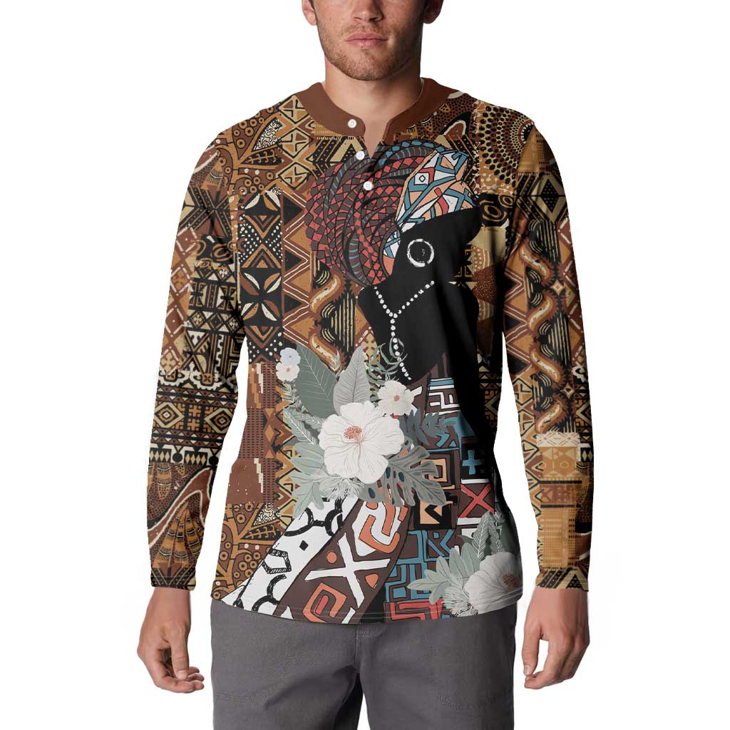 Brown button-front long-sleeve sweatshirt with tribal pattern and portrait graphic with flowers