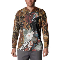 Brown button-front long-sleeve sweatshirt with tribal pattern and portrait graphic with flowers