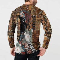 Brown long-sleeve sweatshirt with tribal pattern and portrait graphic with flowers, back view