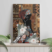 Canvas wall art of black woman silhouette with floral accents on geometric tribal backdrop