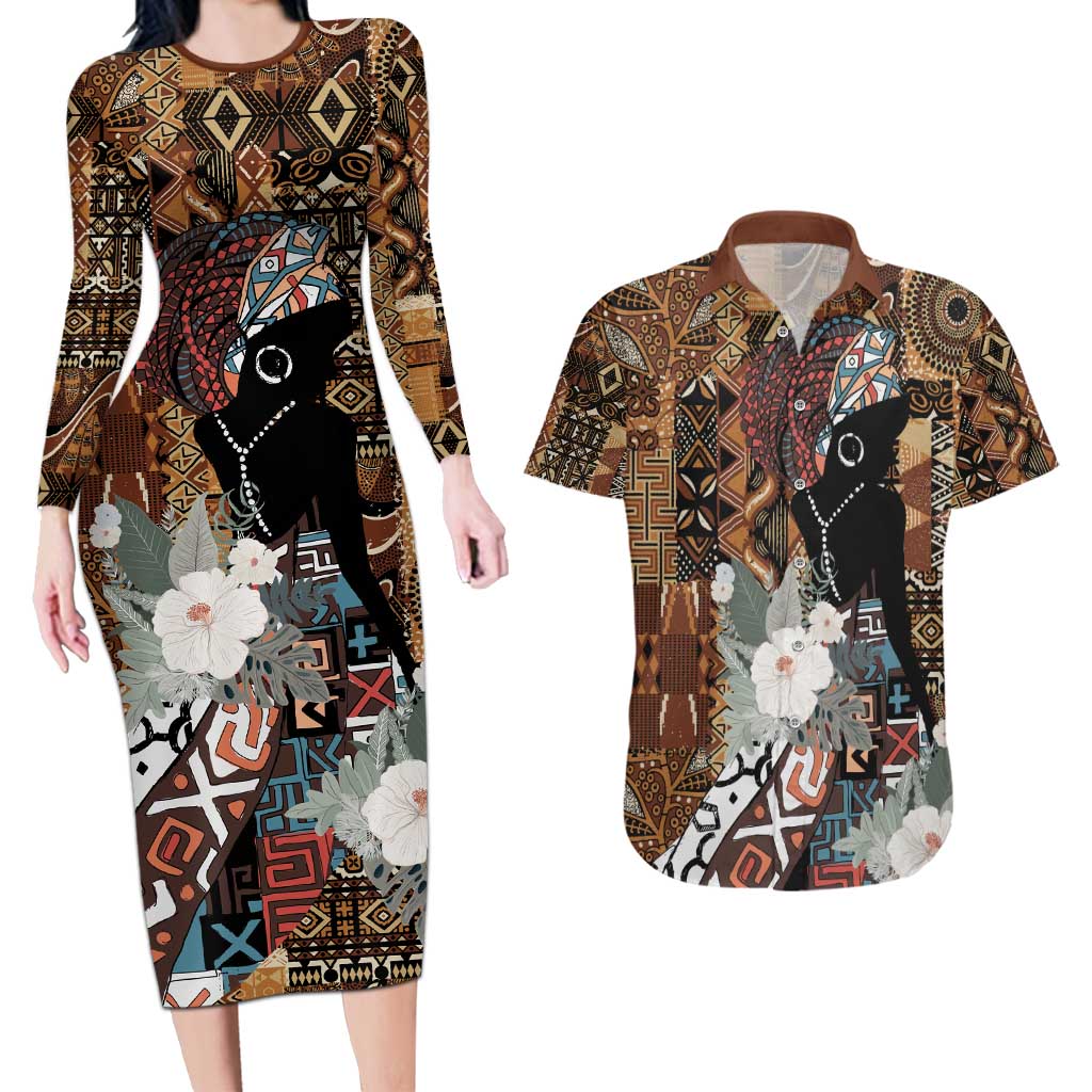 Beautiful Black Woman Couples Matching Long Sleeve Bodycon Dress and Hawaiian Shirt African Tribal Pattern LT9 - Wonder Print Shop