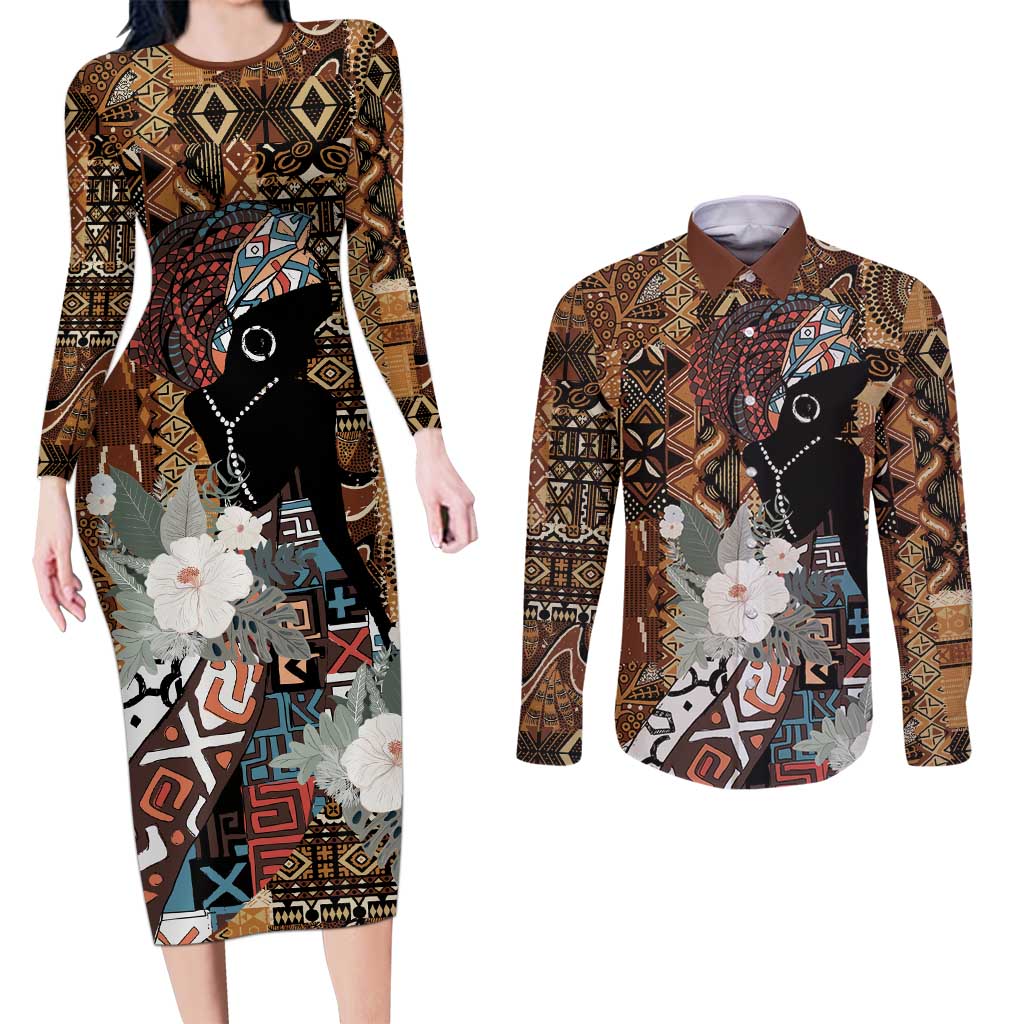 Beautiful Black Woman Couples Matching Long Sleeve Bodycon Dress and Long Sleeve Button Shirt African Tribal Pattern LT9 - Wonder Print Shop