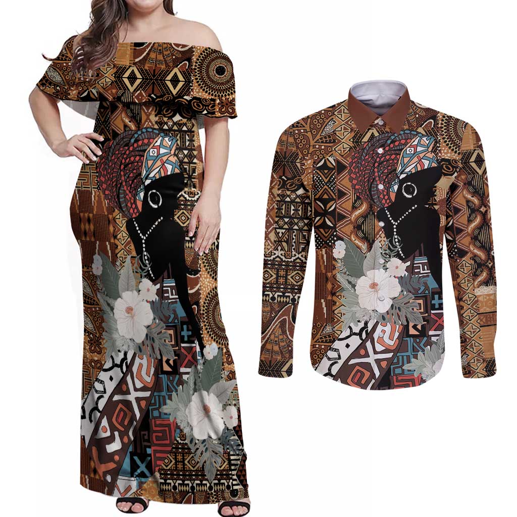 Beautiful Black Woman Couples Matching Off Shoulder Maxi Dress and Long Sleeve Button Shirt African Tribal Pattern LT9 - Wonder Print Shop