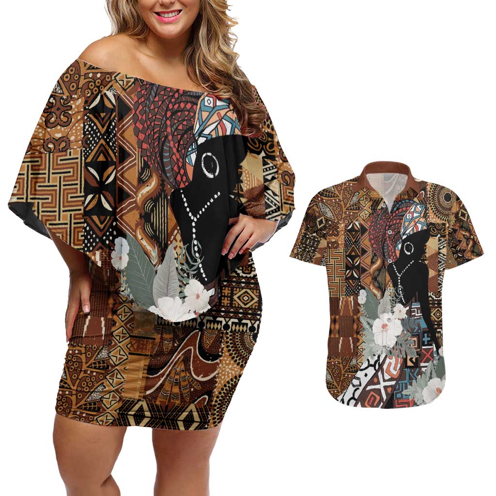 Beautiful Black Woman Couples Matching Off Shoulder Short Dress and Hawaiian Shirt African Tribal Pattern LT9 - Wonder Print Shop