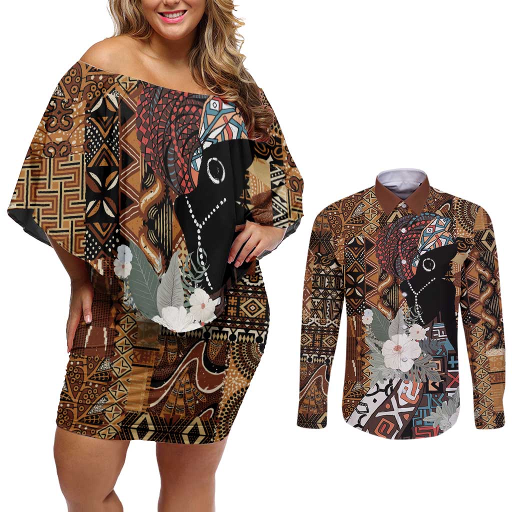 Beautiful Black Woman Couples Matching Off Shoulder Short Dress and Long Sleeve Button Shirt African Tribal Pattern LT9 - Wonder Print Shop