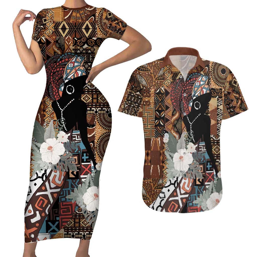 Beautiful Black Woman Couples Matching Short Sleeve Bodycon Dress and Hawaiian Shirt African Tribal Pattern LT9 - Wonder Print Shop