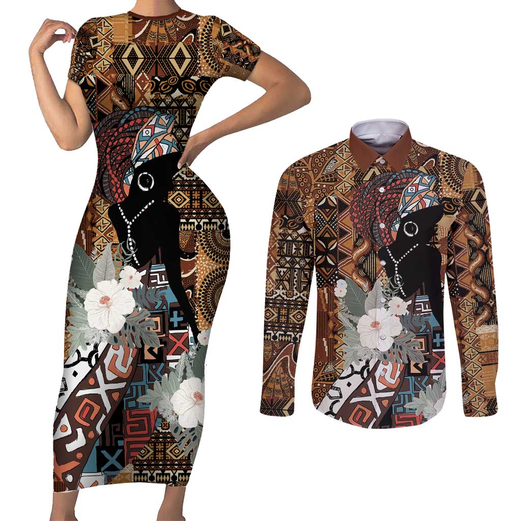 Beautiful Black Woman Couples Matching Short Sleeve Bodycon Dress and Long Sleeve Button Shirt African Tribal Pattern LT9 - Wonder Print Shop