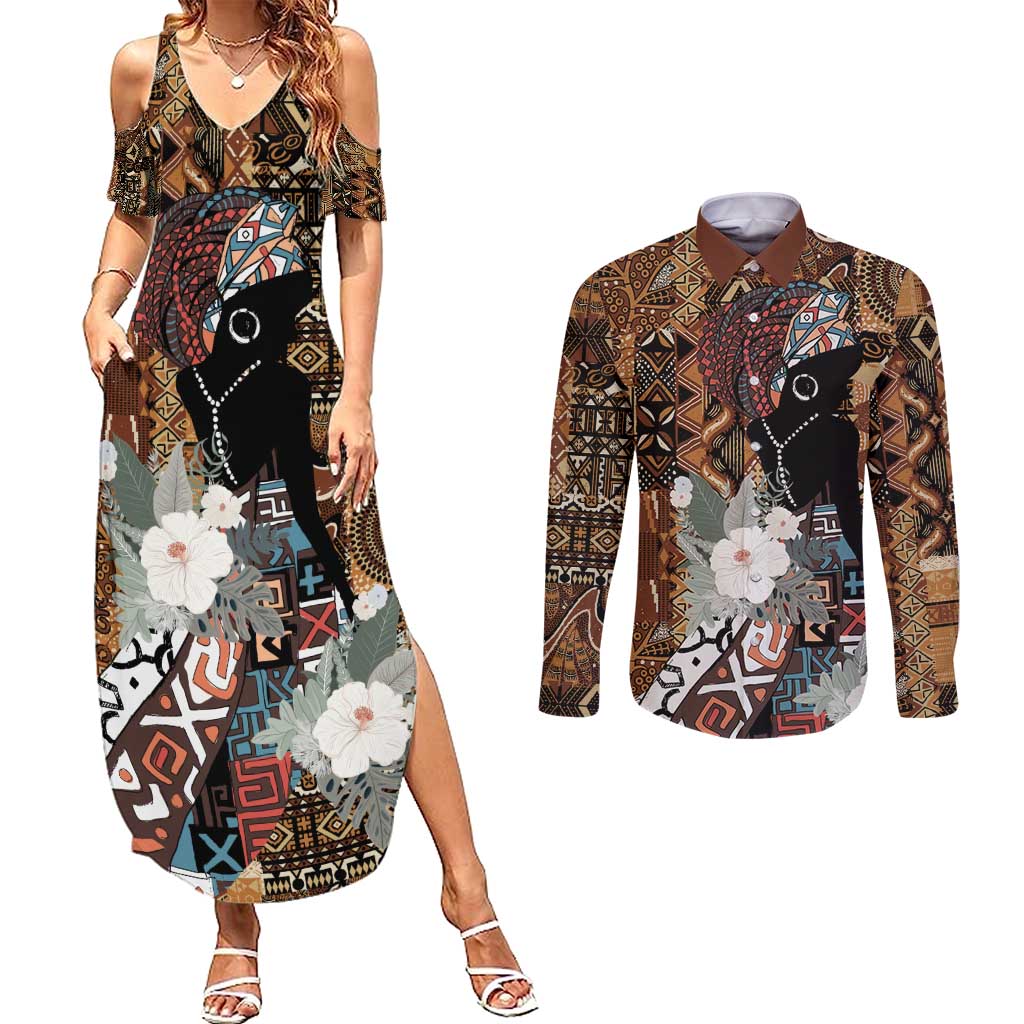 Beautiful Black Woman Couples Matching Summer Maxi Dress and Long Sleeve Button Shirt African Tribal Pattern LT9 - Wonder Print Shop