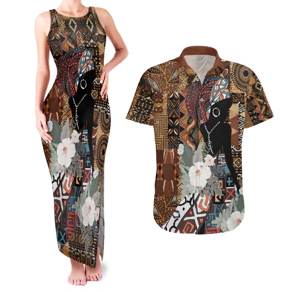 Beautiful Black Woman Couples Matching Tank Maxi Dress and Hawaiian Shirt African Tribal Pattern LT9 - Wonder Print Shop