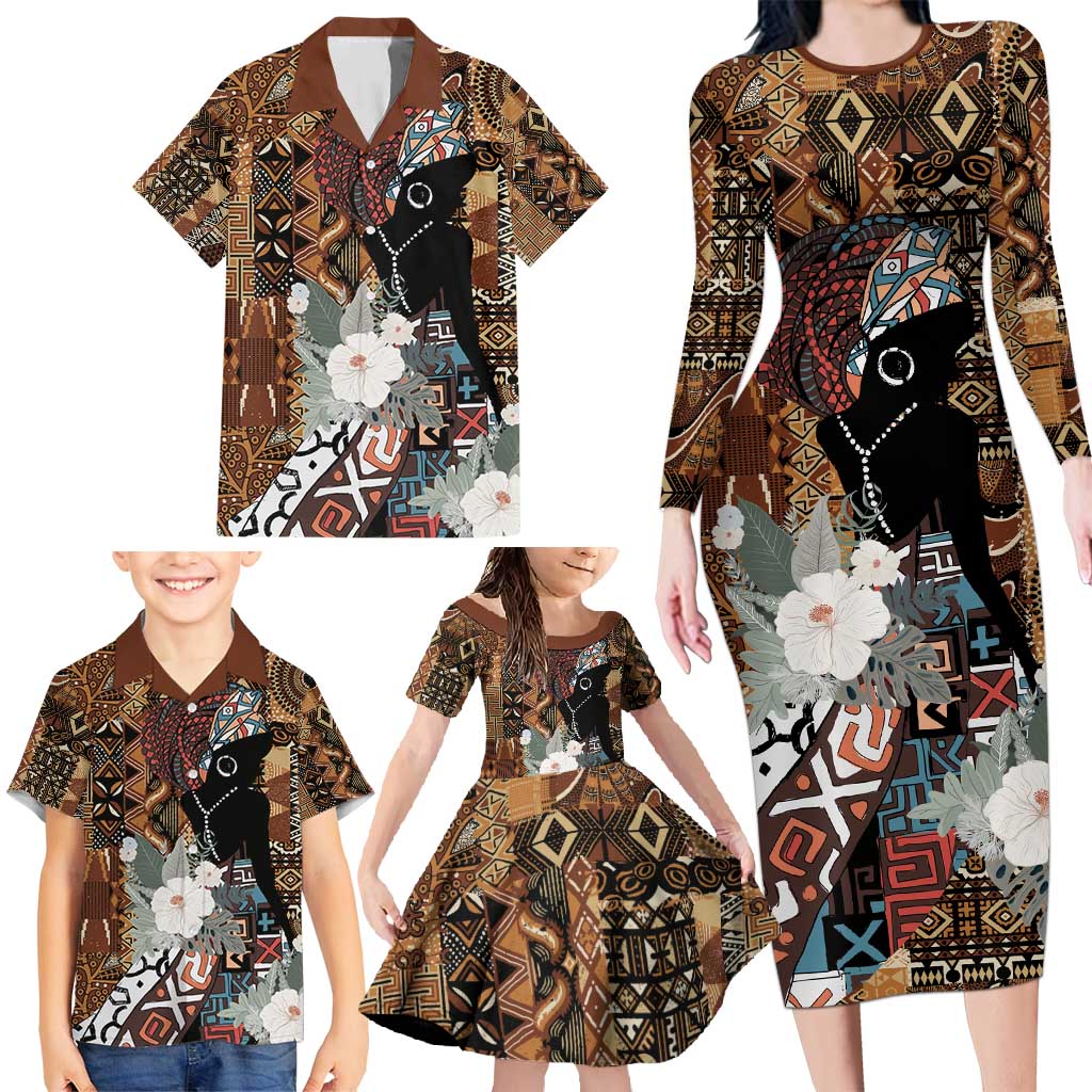 Beautiful Black Woman Family Matching Long Sleeve Bodycon Dress and Hawaiian Shirt African Tribal Pattern LT9 - Wonder Print Shop