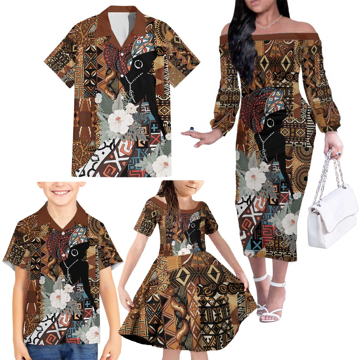 Beautiful Black Woman Family Matching Off The Shoulder Long Sleeve Dress and Hawaiian Shirt African Tribal Pattern - Wonder Print Shop