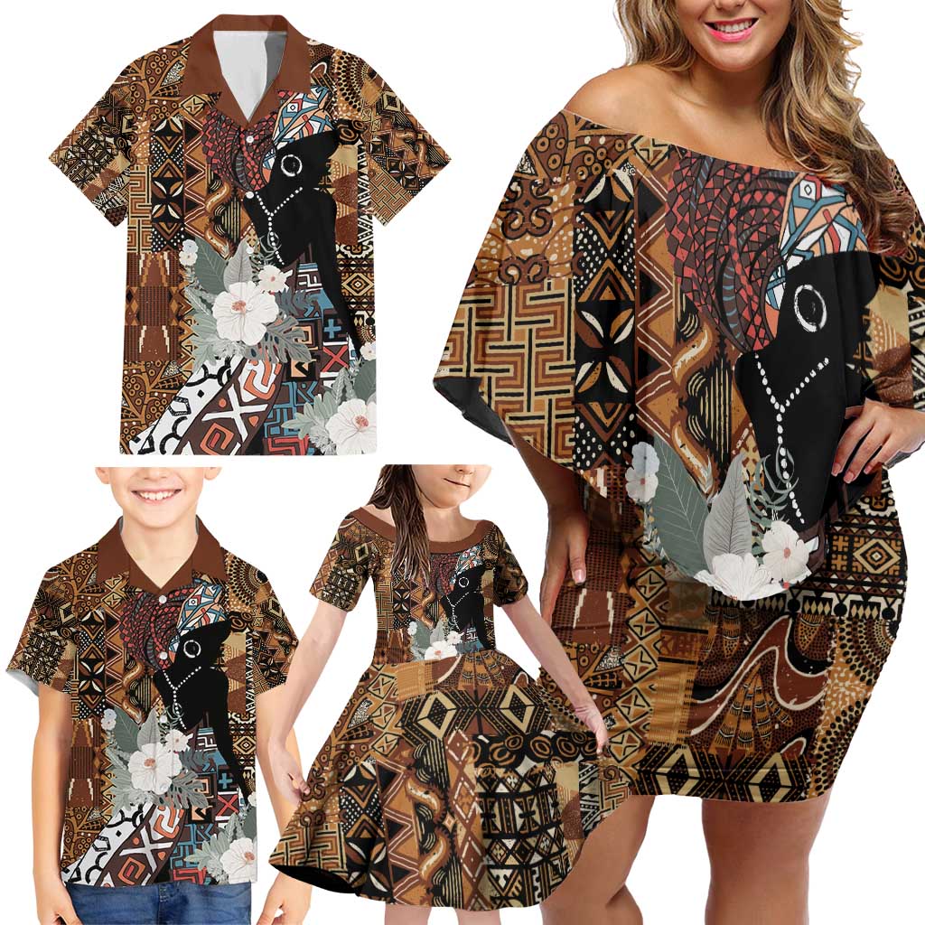 Beautiful Black Woman Family Matching Off Shoulder Short Dress and Hawaiian Shirt African Tribal Pattern LT9 - Wonder Print Shop