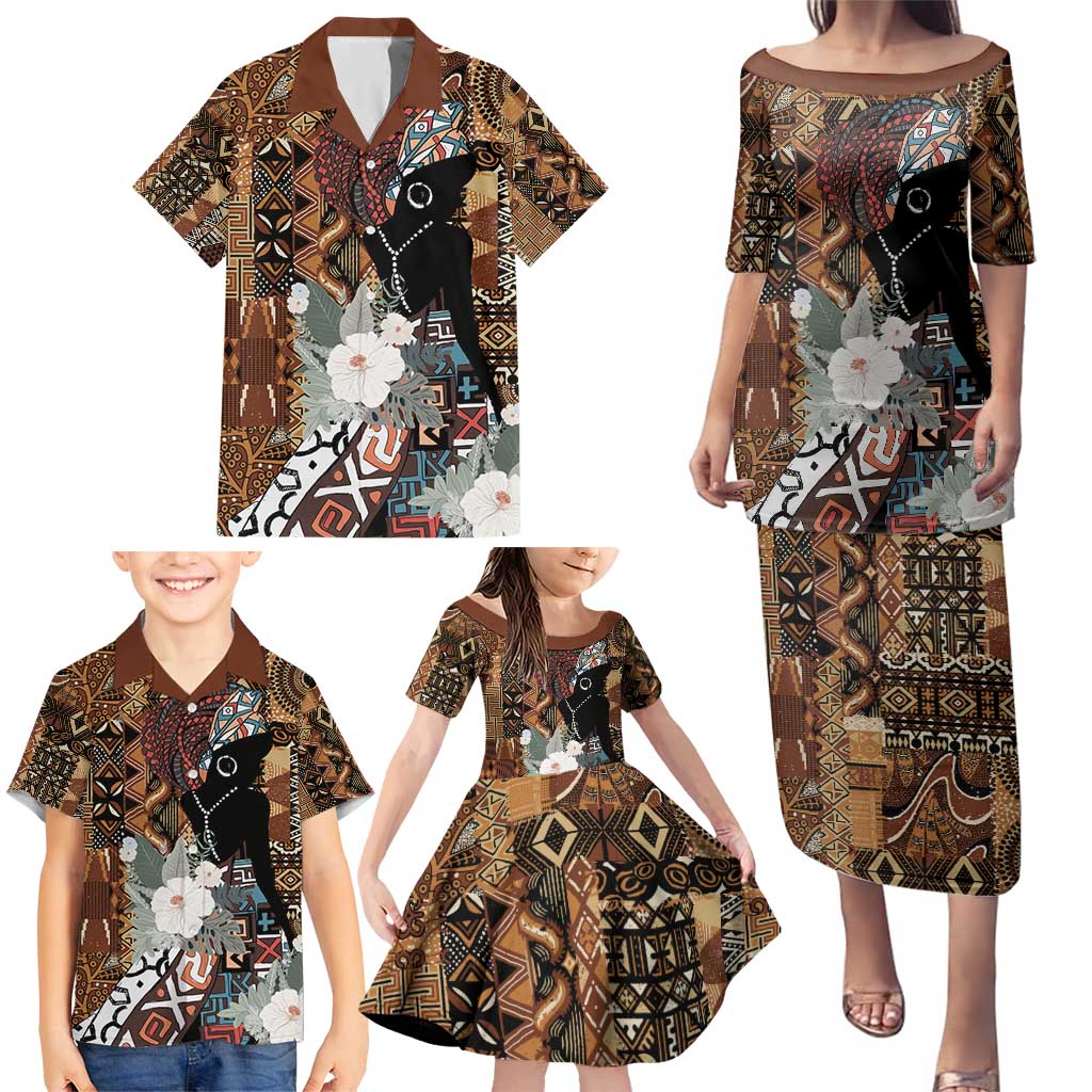 Beautiful Black Woman Family Matching Puletasi and Hawaiian Shirt African Tribal Pattern - Wonder Print Shop